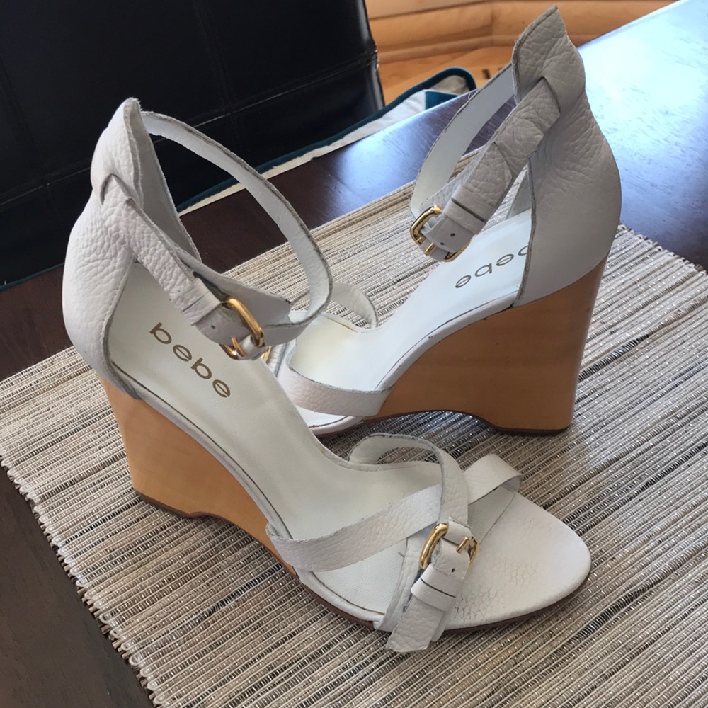BEBE white wedge sandals